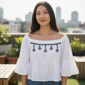 ana A New Approach Large White Of the Shoulder Bell Sleeve Embroidered Blouse L